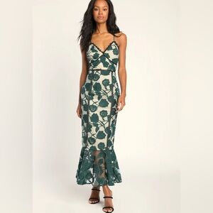 Lulu's Cream Maxi Dress with Green Floral Lace Overlay
